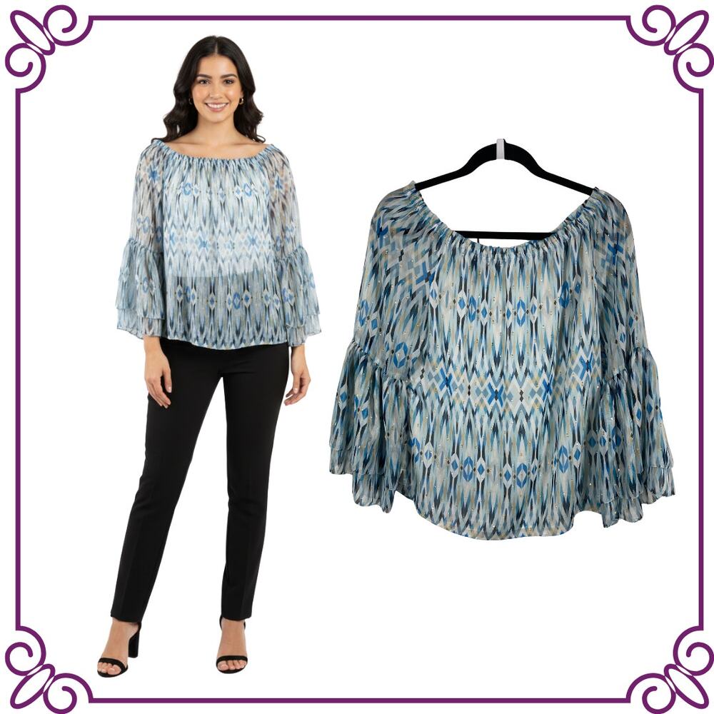 WHBM Off the Shoulder Bell Sleeves Metallic Semi Sheer Geometric Blouse Medium